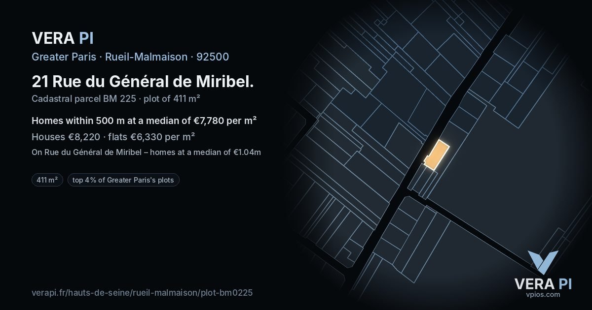 21 Rue du Général de Miribel, Rueil-Malmaison at night – the plot lit, the parcels around coloured by the prices near them