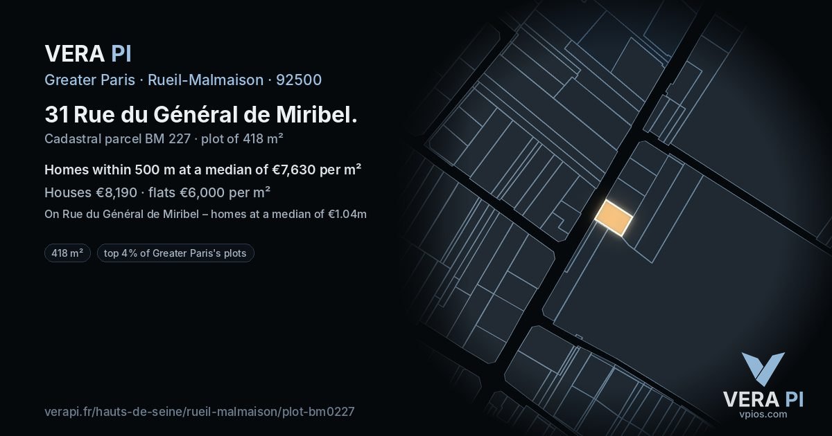31 Rue du Général de Miribel, Rueil-Malmaison at night – the plot lit, the parcels around coloured by the prices near them