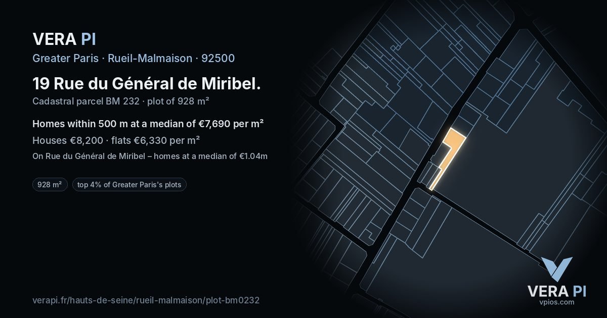 19 Rue du Général de Miribel, Rueil-Malmaison at night – the plot lit, the parcels around coloured by the prices near them