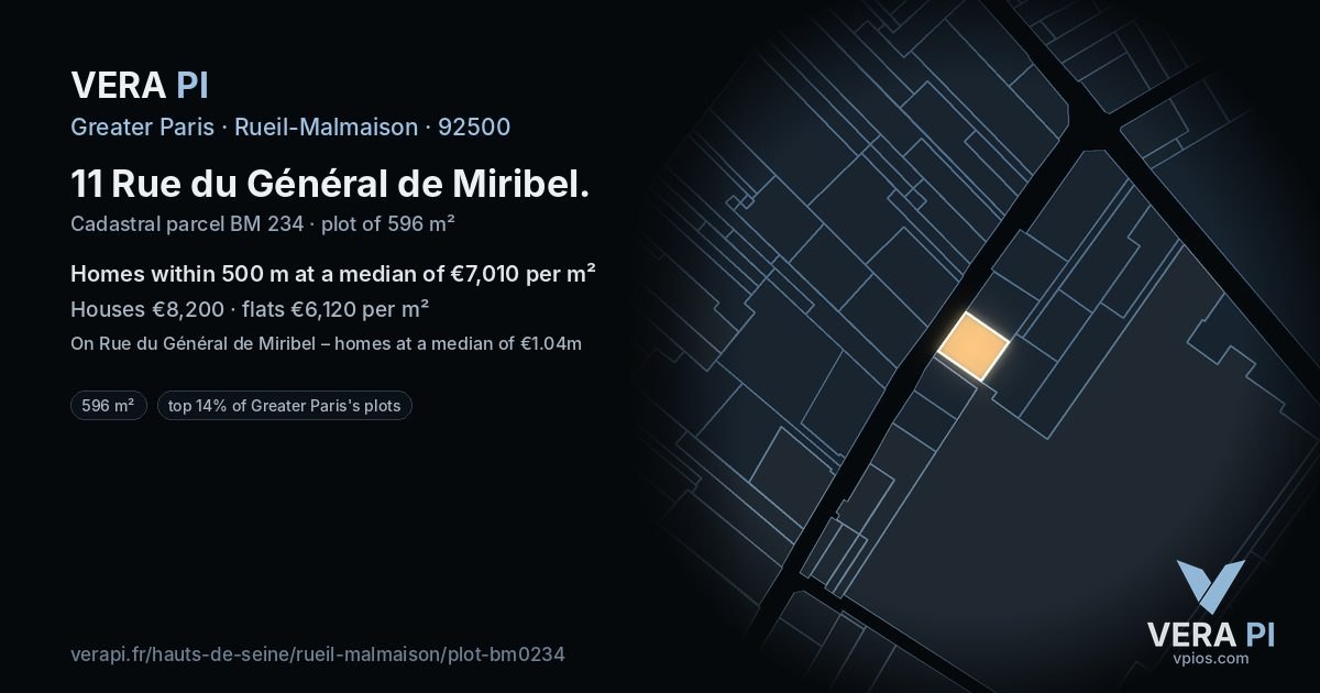 11 Rue du Général de Miribel, Rueil-Malmaison at night – the plot lit, the parcels around coloured by the prices near them
