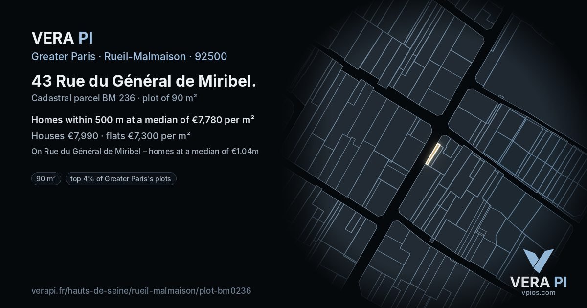 43 Rue du Général de Miribel, Rueil-Malmaison at night – the plot lit, the parcels around coloured by the prices near them
