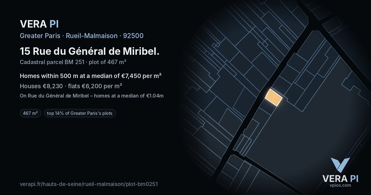 15 Rue du Général de Miribel, Rueil-Malmaison at night – the plot lit, the parcels around coloured by the prices near them