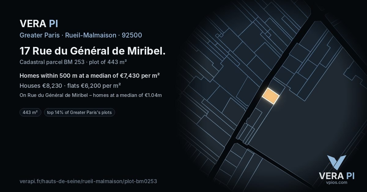 17 Rue du Général de Miribel, Rueil-Malmaison at night – the plot lit, the parcels around coloured by the prices near them