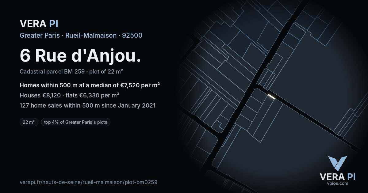 6 Rue d'Anjou, Rueil-Malmaison at night – the plot lit, the parcels around coloured by the prices near them