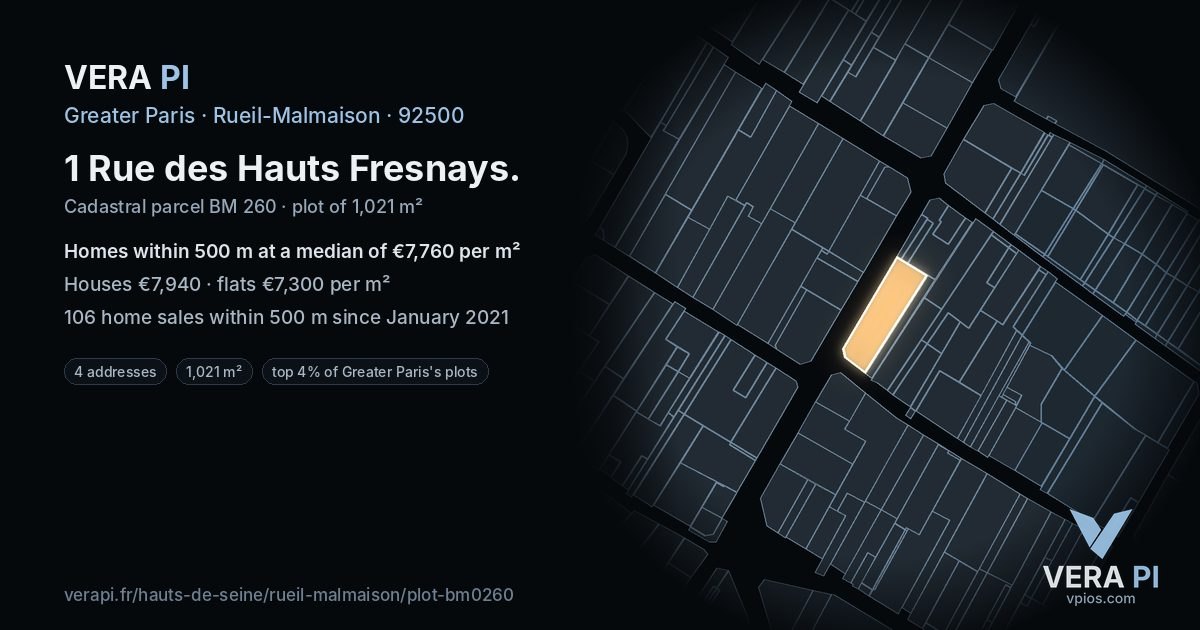 1 Rue des Hauts Fresnays, Rueil-Malmaison at night – the plot lit, the parcels around coloured by the prices near them