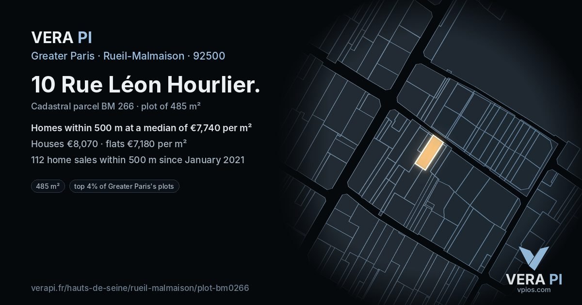 10 Rue Léon Hourlier, Rueil-Malmaison at night – the plot lit, the parcels around coloured by the prices near them
