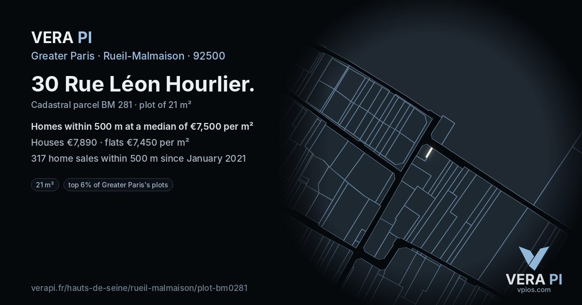 30 Rue Léon Hourlier, Rueil-Malmaison at night – the plot lit, the parcels around coloured by the prices near them