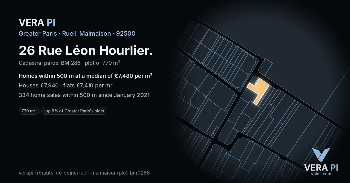26 Rue Léon Hourlier, Rueil-Malmaison at night – the plot lit, the parcels around coloured by the prices near them