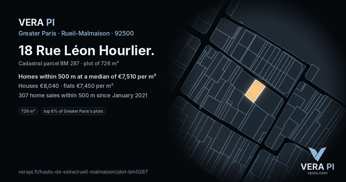 18 Rue Léon Hourlier, Rueil-Malmaison at night – the plot lit, the parcels around coloured by the prices near them