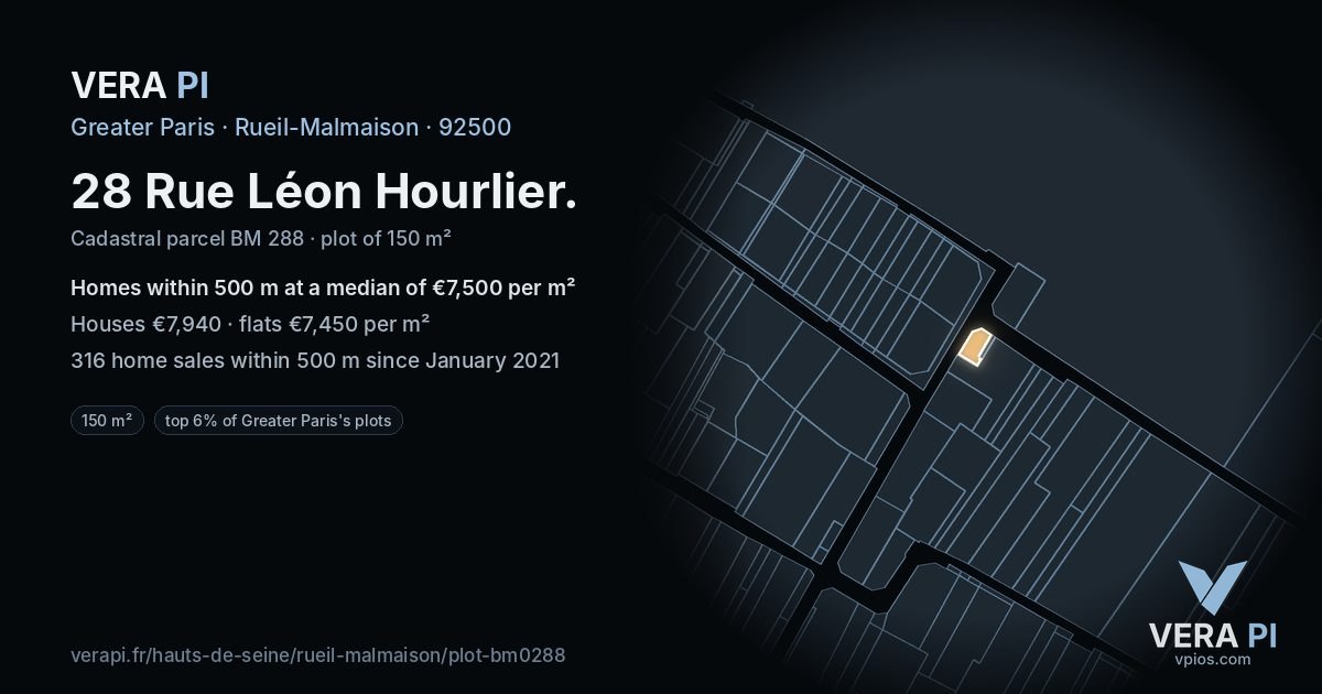 28 Rue Léon Hourlier, Rueil-Malmaison at night – the plot lit, the parcels around coloured by the prices near them