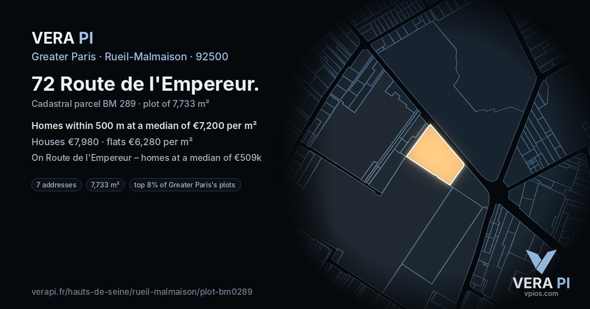 72 Route de l'Empereur, Rueil-Malmaison at night – the plot lit, the parcels around coloured by the prices near them