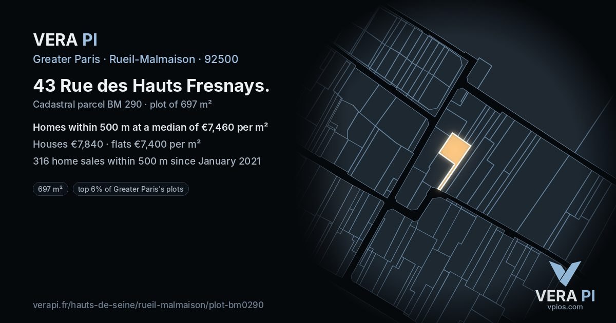 43 Rue des Hauts Fresnays, Rueil-Malmaison at night – the plot lit, the parcels around coloured by the prices near them