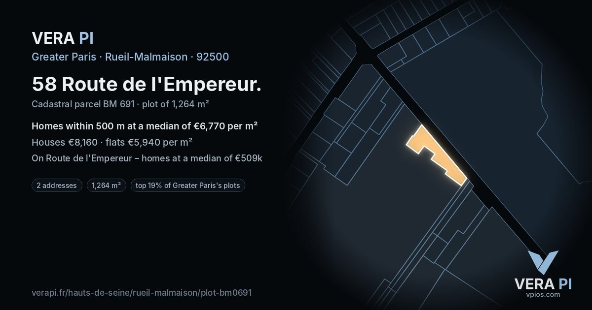58 Route de l'Empereur, Rueil-Malmaison at night – the plot lit, the parcels around coloured by the prices near them