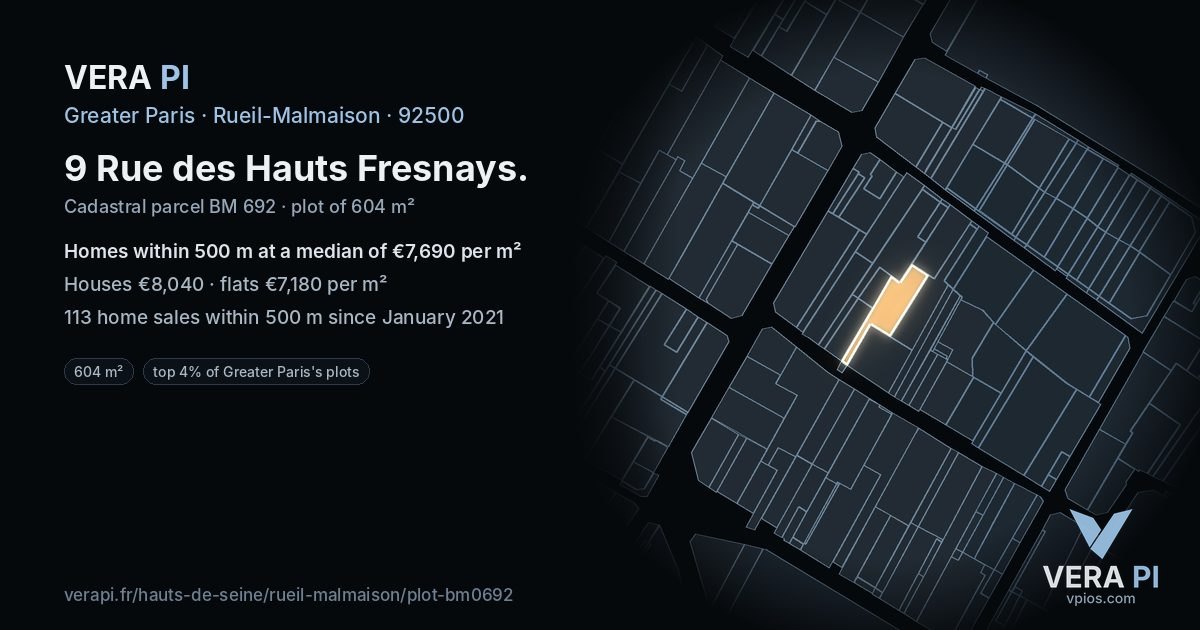 9 Rue des Hauts Fresnays, Rueil-Malmaison at night – the plot lit, the parcels around coloured by the prices near them
