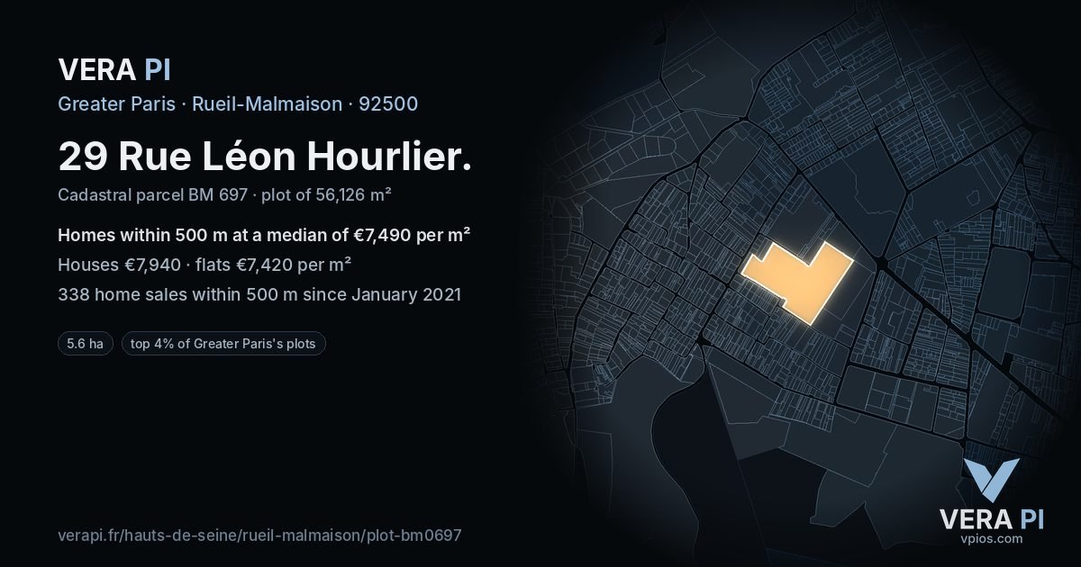 29 Rue Léon Hourlier, Rueil-Malmaison at night – the plot lit, the parcels around coloured by the prices near them