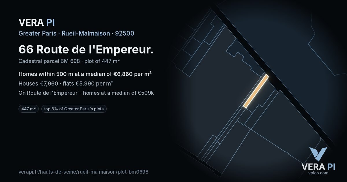 66 Route de l'Empereur, Rueil-Malmaison at night – the plot lit, the parcels around coloured by the prices near them