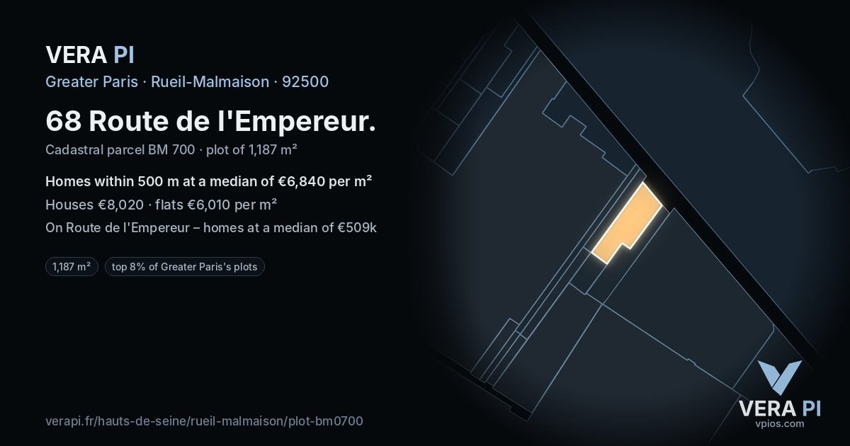 68 Route de l'Empereur, Rueil-Malmaison at night – the plot lit, the parcels around coloured by the prices near them