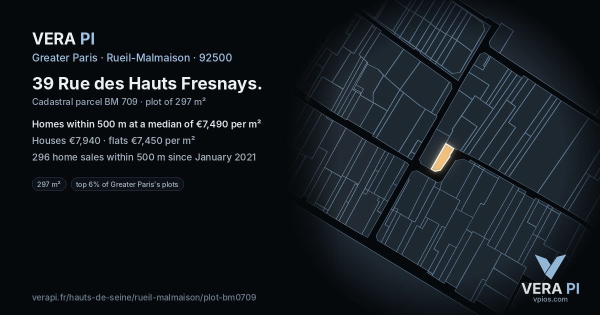 39 Rue des Hauts Fresnays, Rueil-Malmaison at night – the plot lit, the parcels around coloured by the prices near them