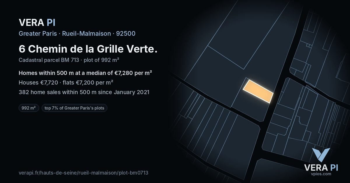 6 Chemin de la Grille Verte, Rueil-Malmaison at night – the plot lit, the parcels around coloured by the prices near them