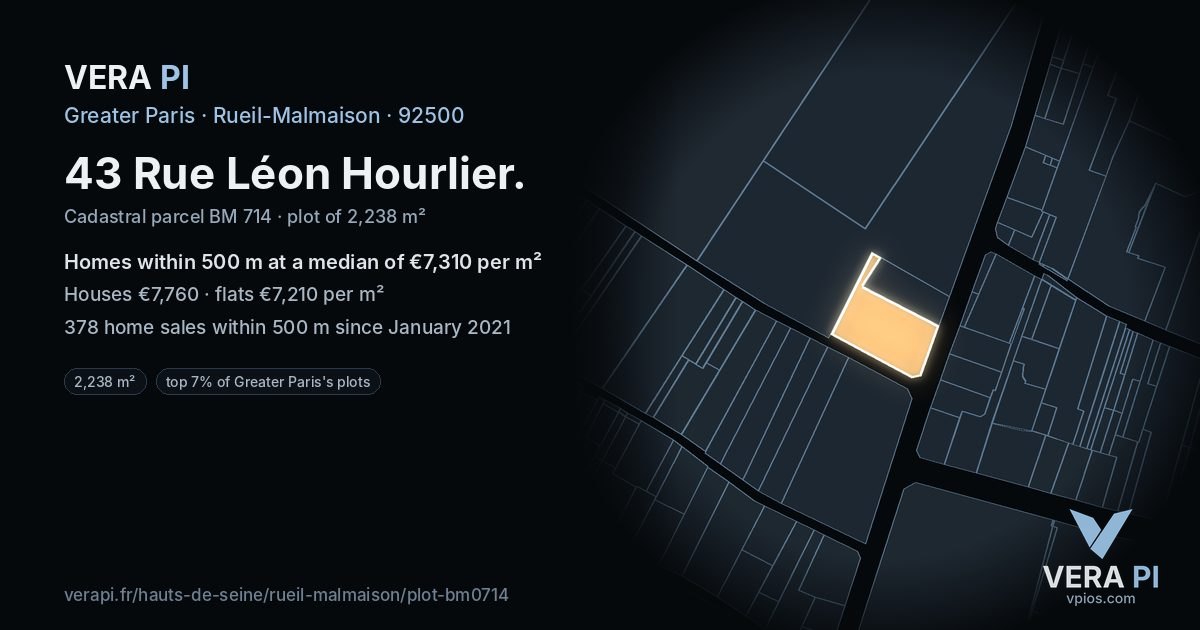 43 Rue Léon Hourlier, Rueil-Malmaison at night – the plot lit, the parcels around coloured by the prices near them
