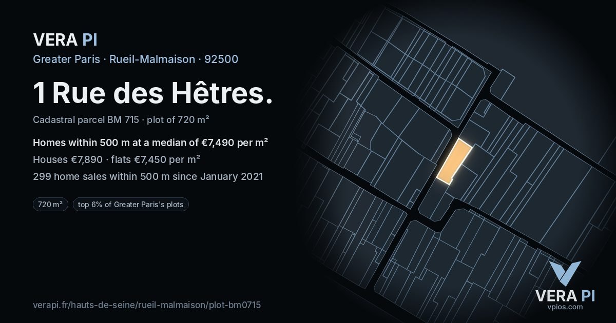 1 Rue des Hêtres, Rueil-Malmaison at night – the plot lit, the parcels around coloured by the prices near them