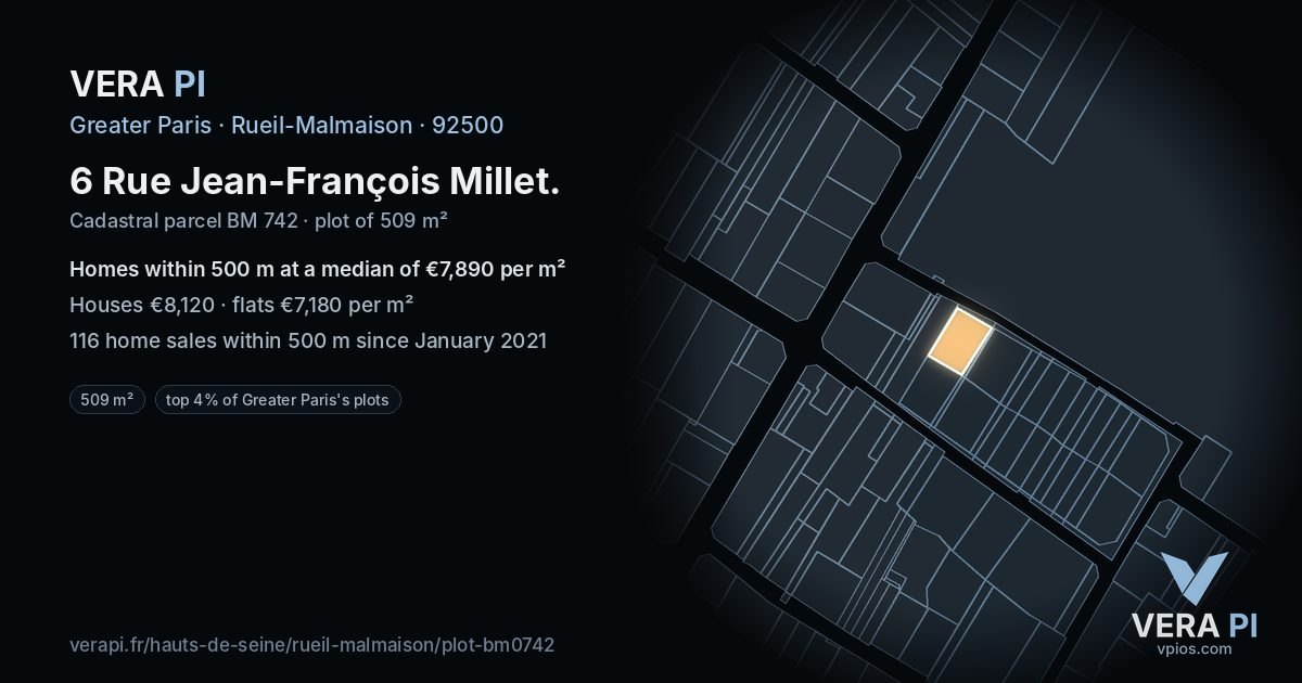 6 Rue Jean-François Millet, Rueil-Malmaison at night – the plot lit, the parcels around coloured by the prices near them