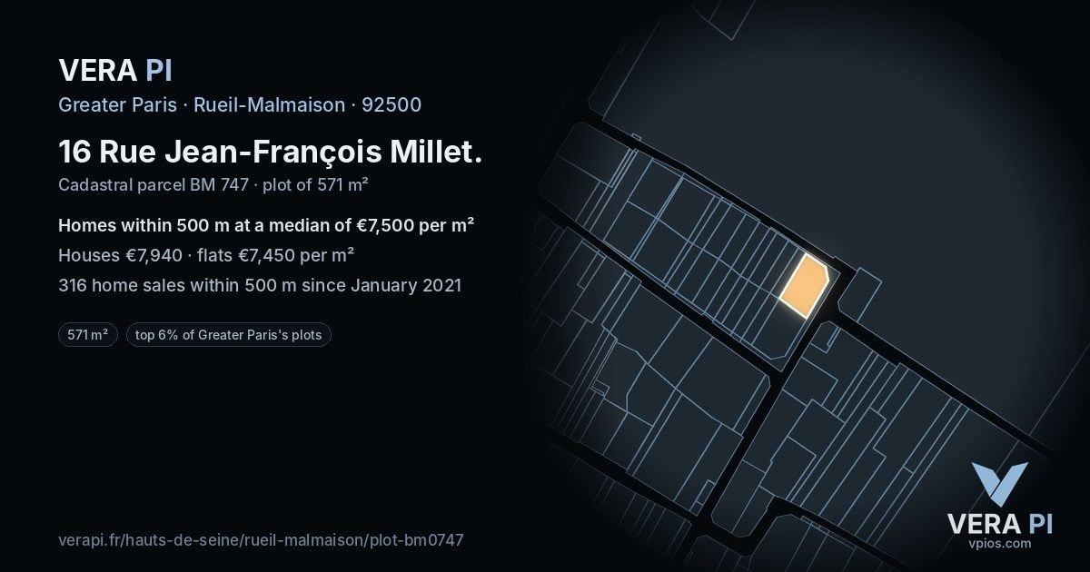 16 Rue Jean-François Millet, Rueil-Malmaison at night – the plot lit, the parcels around coloured by the prices near them