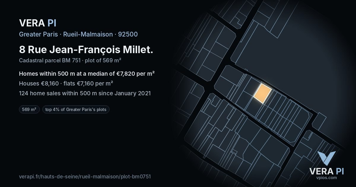 8 Rue Jean-François Millet, Rueil-Malmaison at night – the plot lit, the parcels around coloured by the prices near them