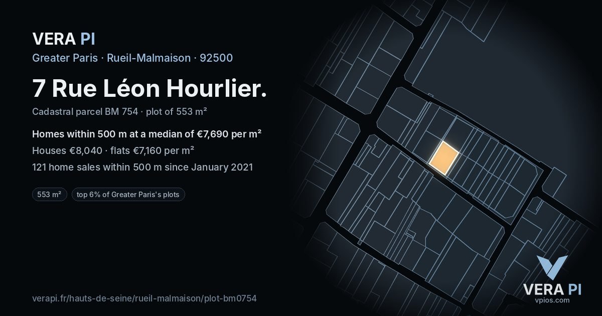7 Rue Léon Hourlier, Rueil-Malmaison at night – the plot lit, the parcels around coloured by the prices near them