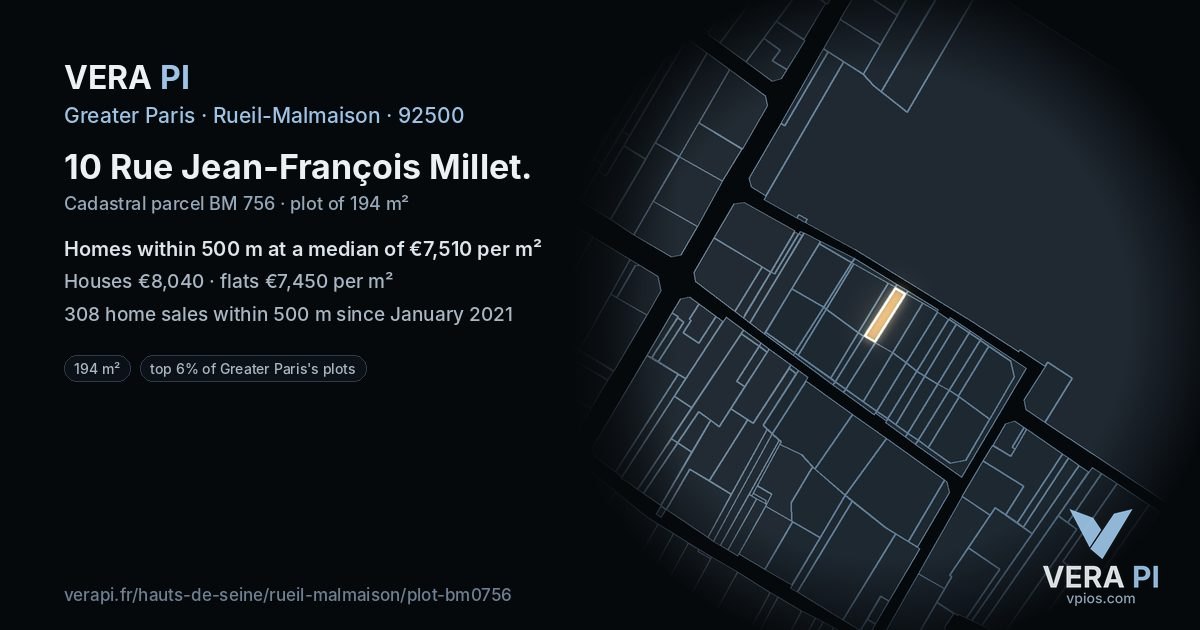 10 Rue Jean-François Millet, Rueil-Malmaison at night – the plot lit, the parcels around coloured by the prices near them