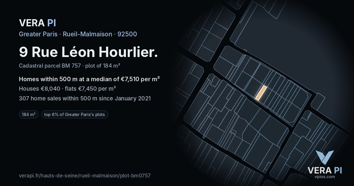 9 Rue Léon Hourlier, Rueil-Malmaison at night – the plot lit, the parcels around coloured by the prices near them