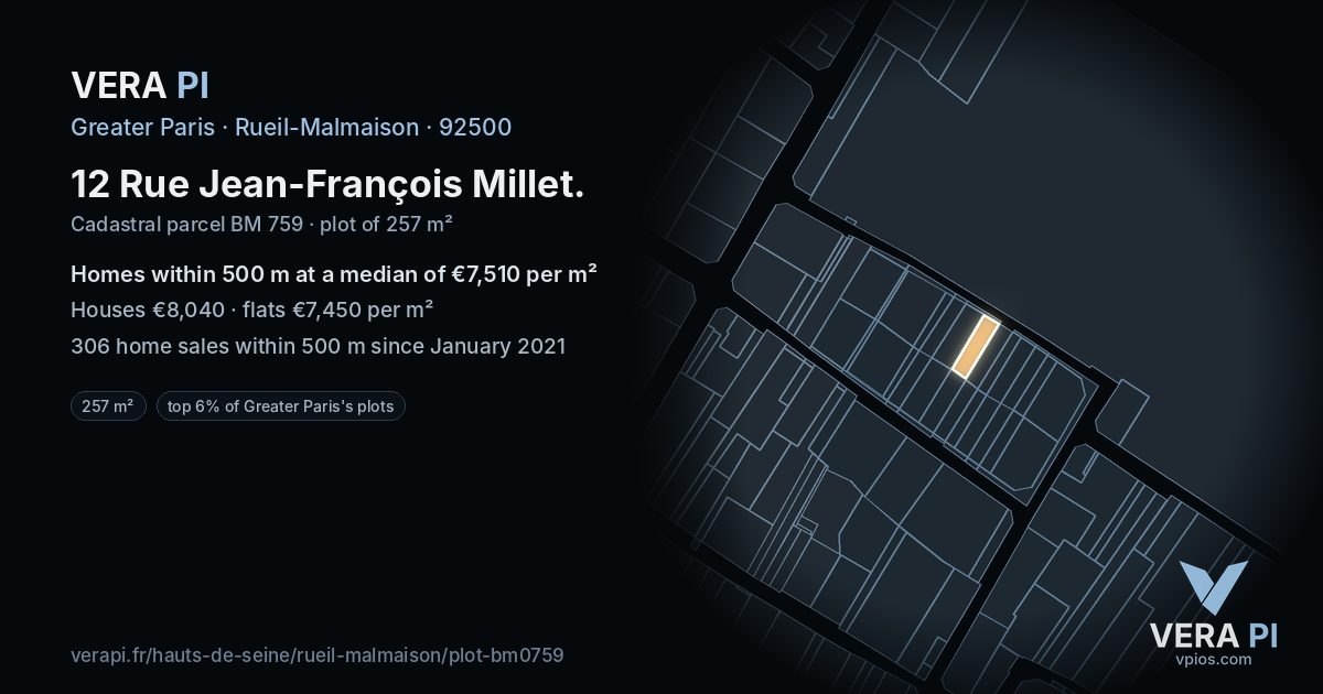 12 Rue Jean-François Millet, Rueil-Malmaison at night – the plot lit, the parcels around coloured by the prices near them