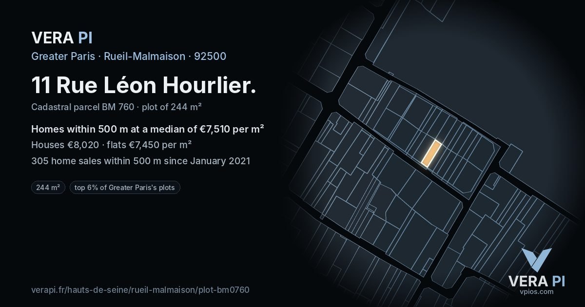 11 Rue Léon Hourlier, Rueil-Malmaison at night – the plot lit, the parcels around coloured by the prices near them
