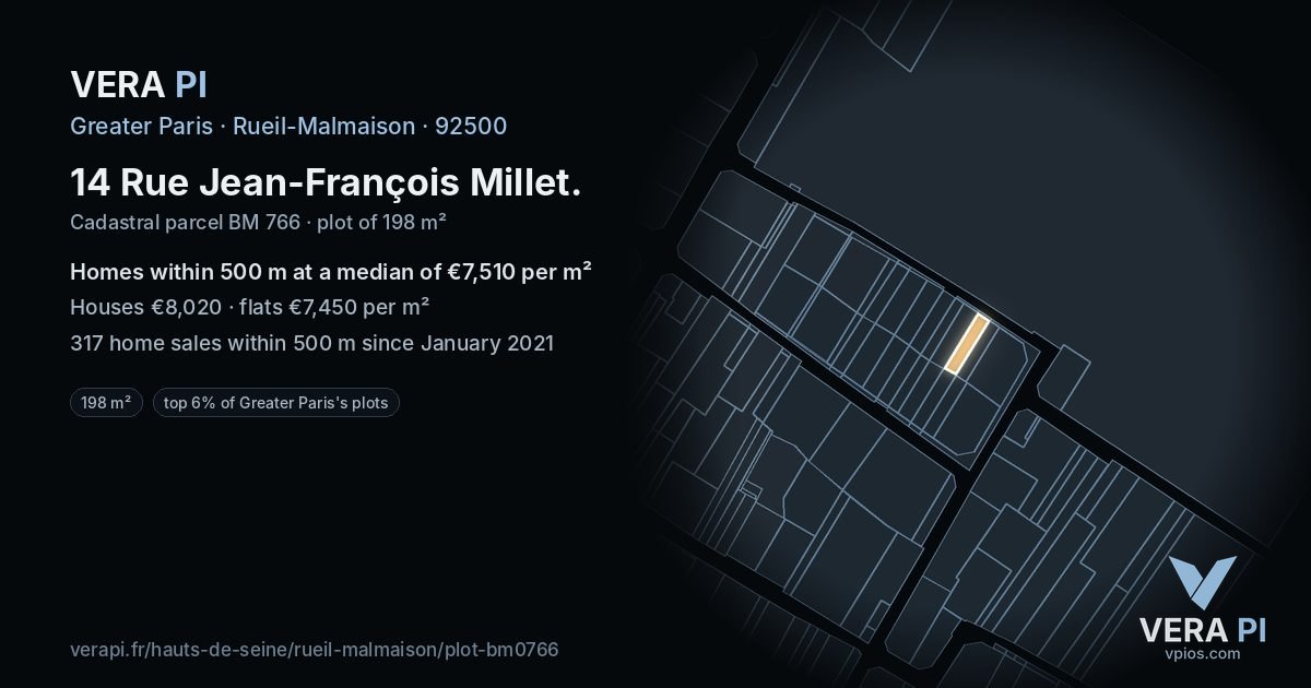 14 Rue Jean-François Millet, Rueil-Malmaison at night – the plot lit, the parcels around coloured by the prices near them