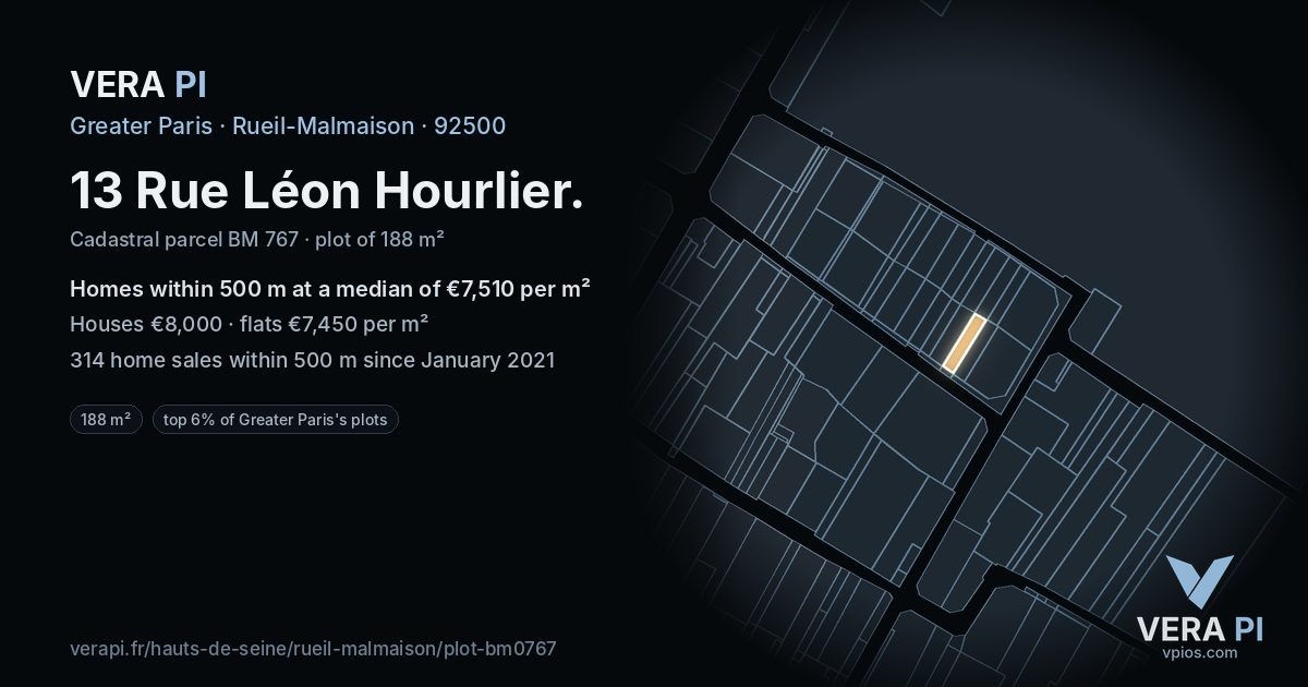 13 Rue Léon Hourlier, Rueil-Malmaison at night – the plot lit, the parcels around coloured by the prices near them