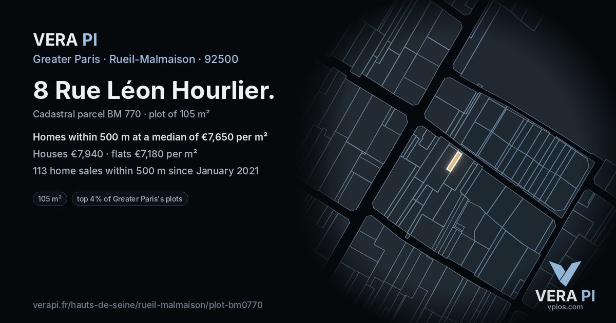 8 Rue Léon Hourlier, Rueil-Malmaison at night – the plot lit, the parcels around coloured by the prices near them