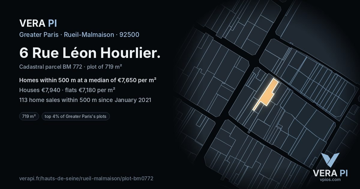 6 Rue Léon Hourlier, Rueil-Malmaison at night – the plot lit, the parcels around coloured by the prices near them