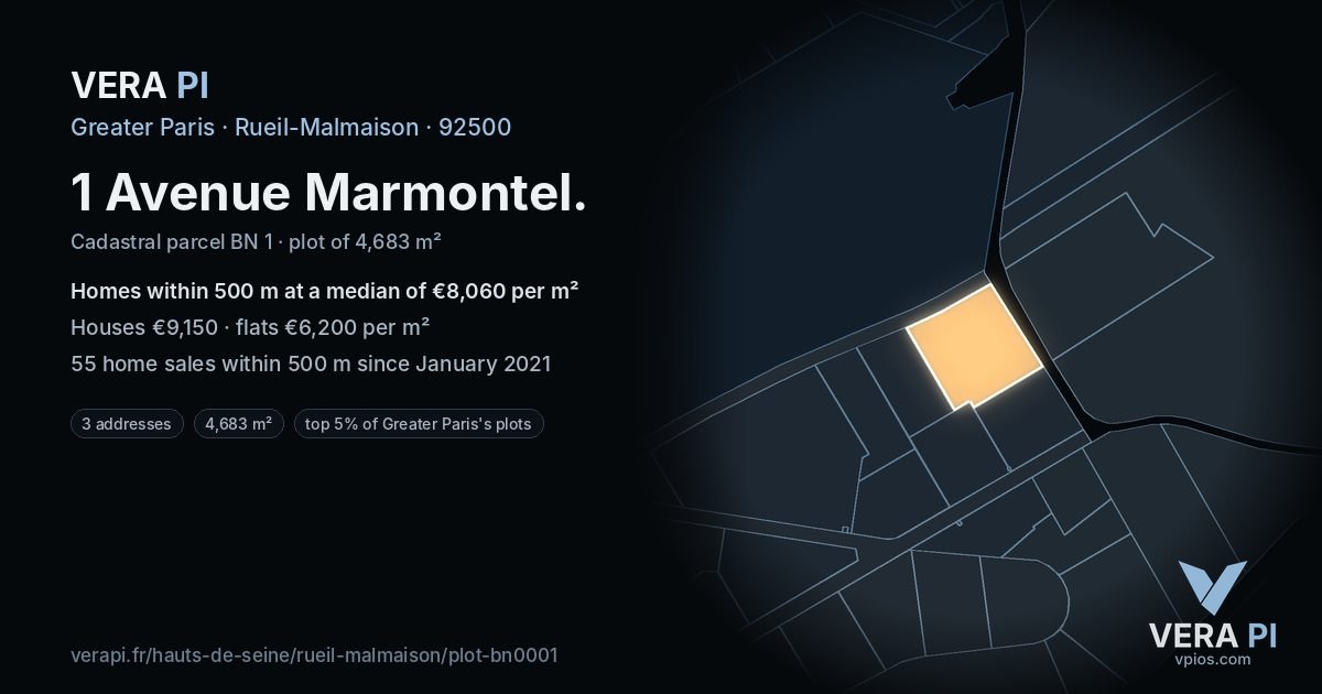 1 Avenue Marmontel, Rueil-Malmaison at night – the plot lit, the parcels around coloured by the prices near them