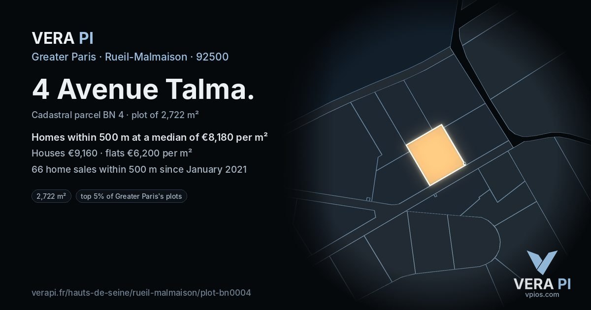 4 Avenue Talma, Rueil-Malmaison at night – the plot lit, the parcels around coloured by the prices near them
