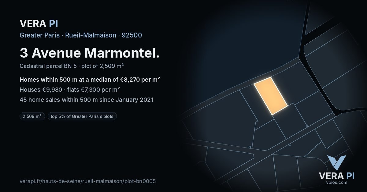 3 Avenue Marmontel, Rueil-Malmaison at night – the plot lit, the parcels around coloured by the prices near them