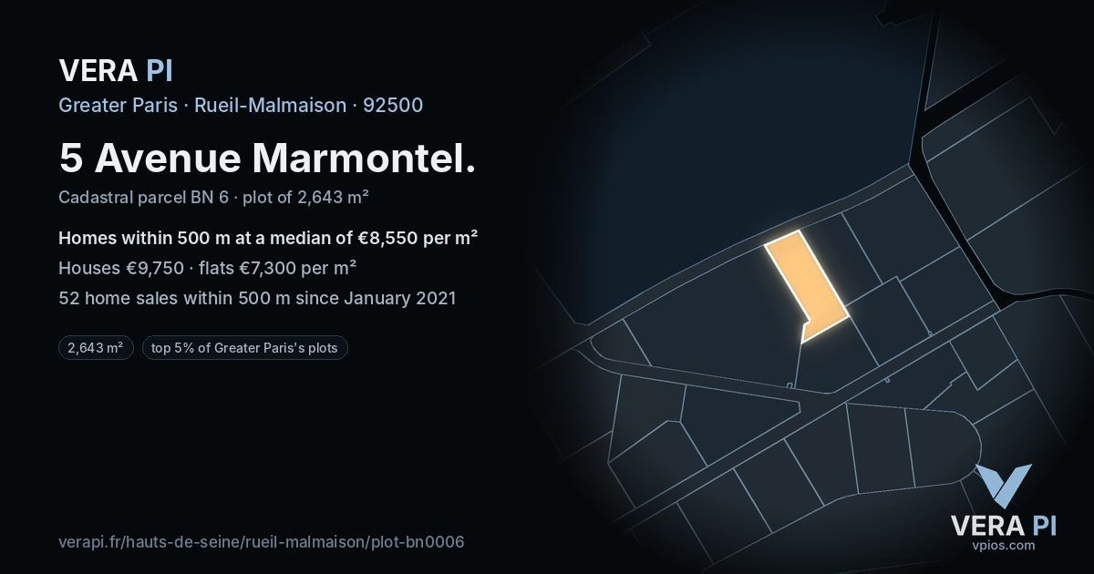 5 Avenue Marmontel, Rueil-Malmaison at night – the plot lit, the parcels around coloured by the prices near them