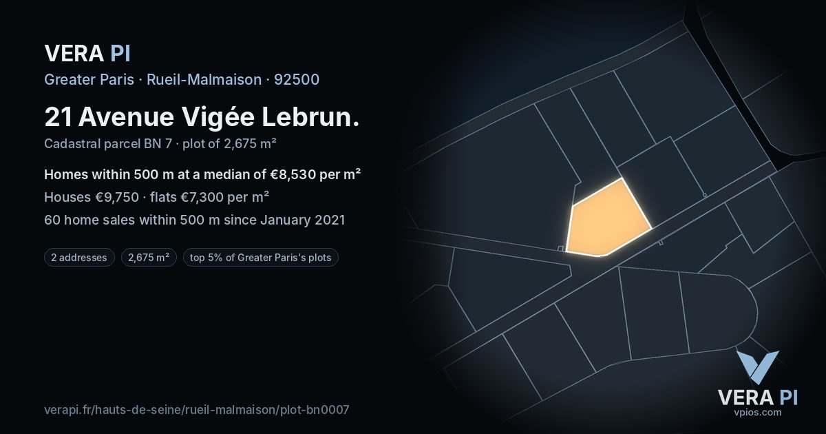 21 Avenue Vigée Lebrun, Rueil-Malmaison at night – the plot lit, the parcels around coloured by the prices near them