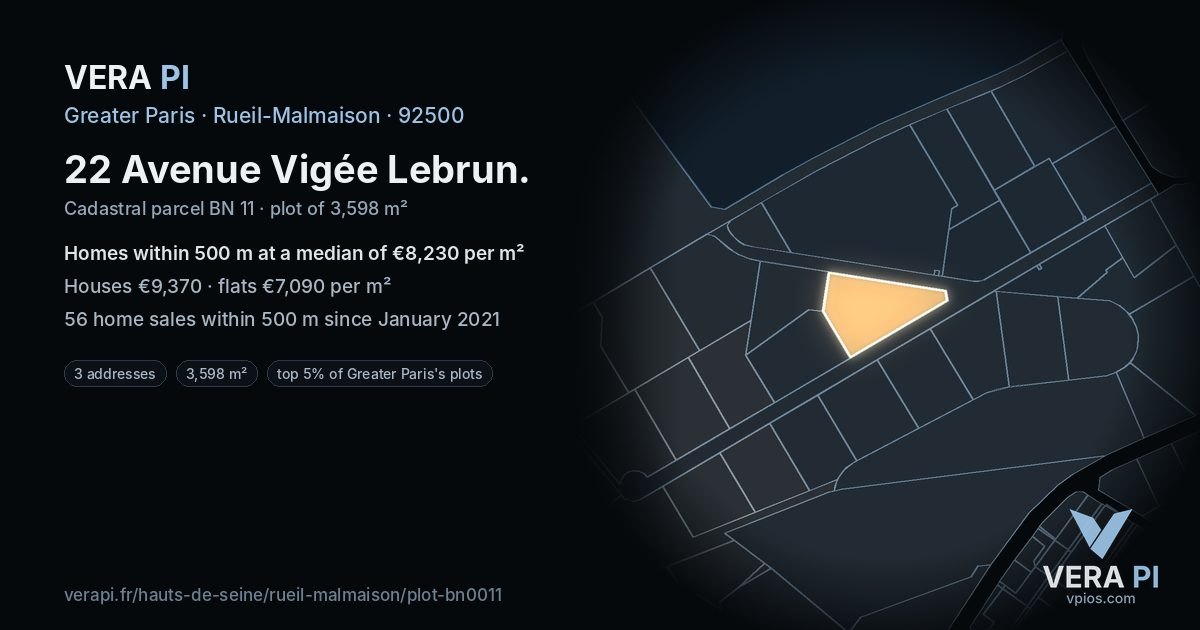 22 Avenue Vigée Lebrun, Rueil-Malmaison at night – the plot lit, the parcels around coloured by the prices near them