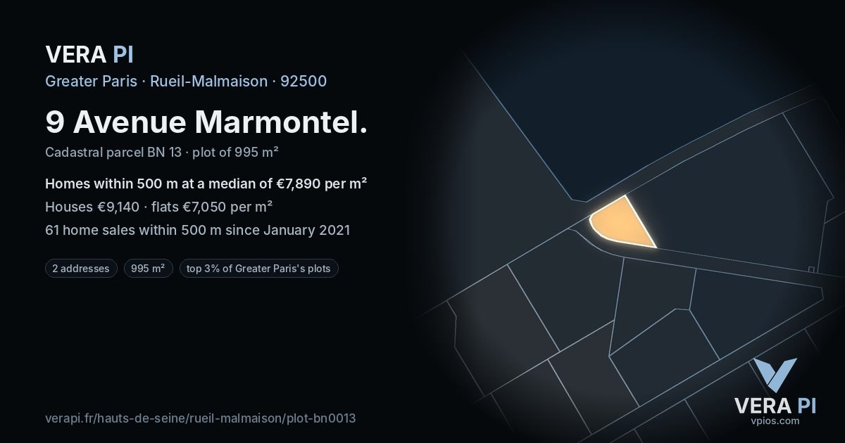 9 Avenue Marmontel, Rueil-Malmaison at night – the plot lit, the parcels around coloured by the prices near them