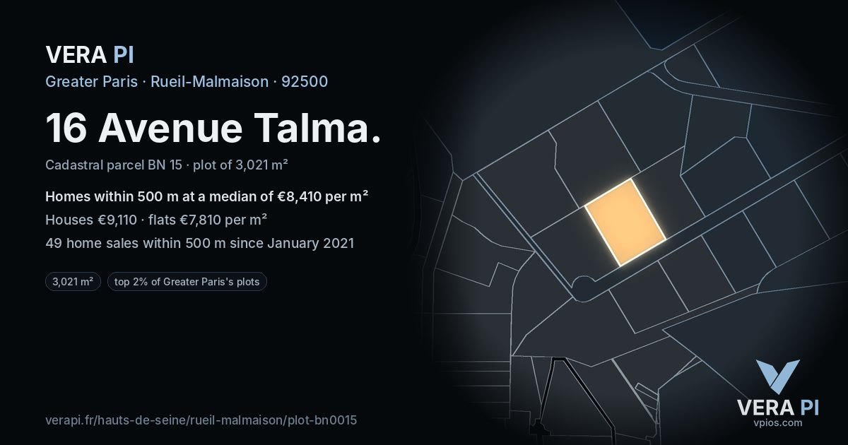 16 Avenue Talma, Rueil-Malmaison at night – the plot lit, the parcels around coloured by the prices near them