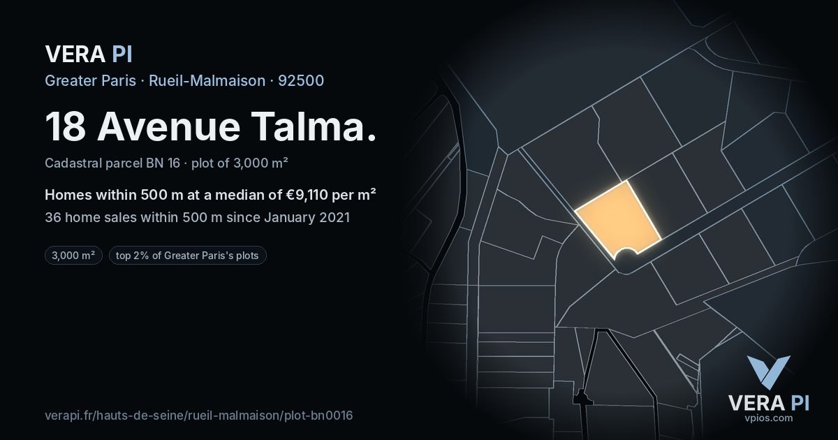 18 Avenue Talma, Rueil-Malmaison at night – the plot lit, the parcels around coloured by the prices near them