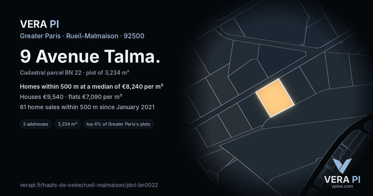9 Avenue Talma, Rueil-Malmaison at night – the plot lit, the parcels around coloured by the prices near them