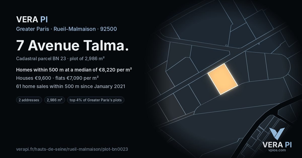 7 Avenue Talma, Rueil-Malmaison at night – the plot lit, the parcels around coloured by the prices near them
