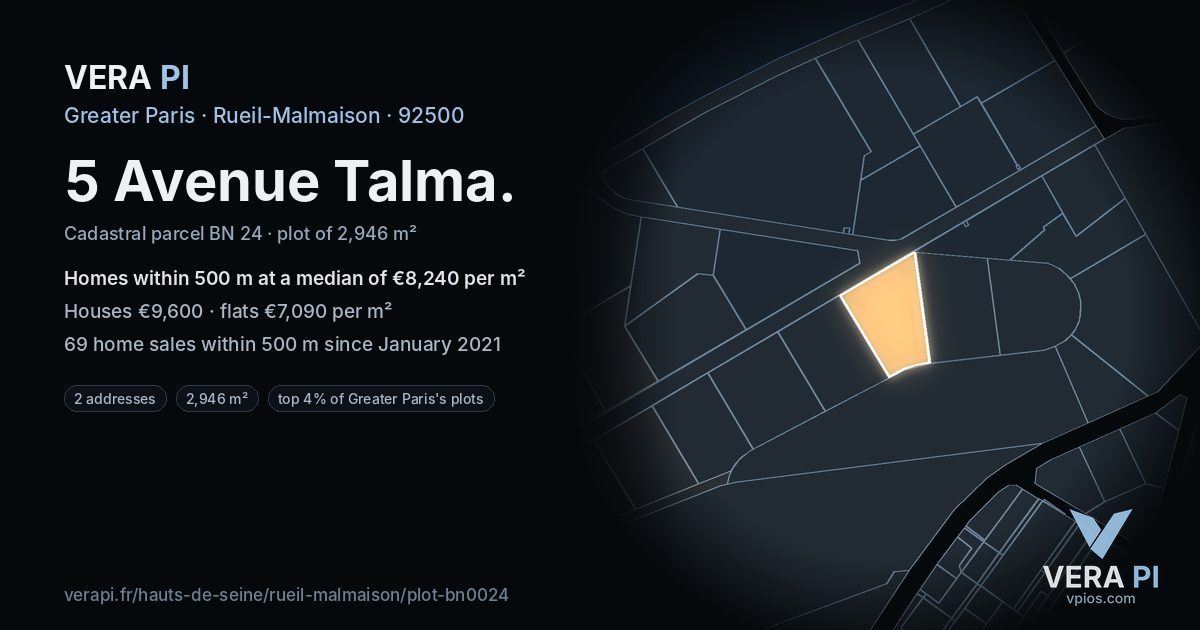 5 Avenue Talma, Rueil-Malmaison at night – the plot lit, the parcels around coloured by the prices near them