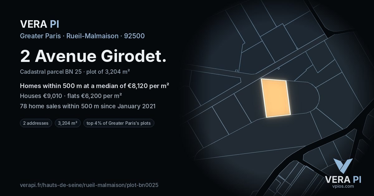 2 Avenue Girodet, Rueil-Malmaison at night – the plot lit, the parcels around coloured by the prices near them